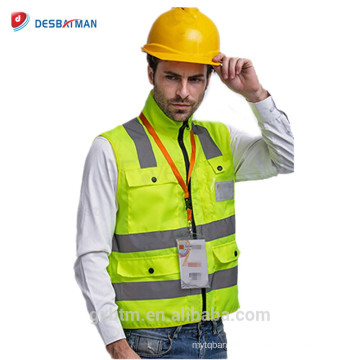 Benutzerdefinierte Reißverschluss Hallo Vis Arbeitsjacke Weste mit Kragen, ANSI Yellow High Visibility Reflektierende Sicherheitsweste mit Taschen